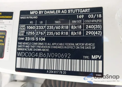 2018 Mercedes-Benz Glc 300 from USA, damaged, VIN WDC0G4JB6JV090692